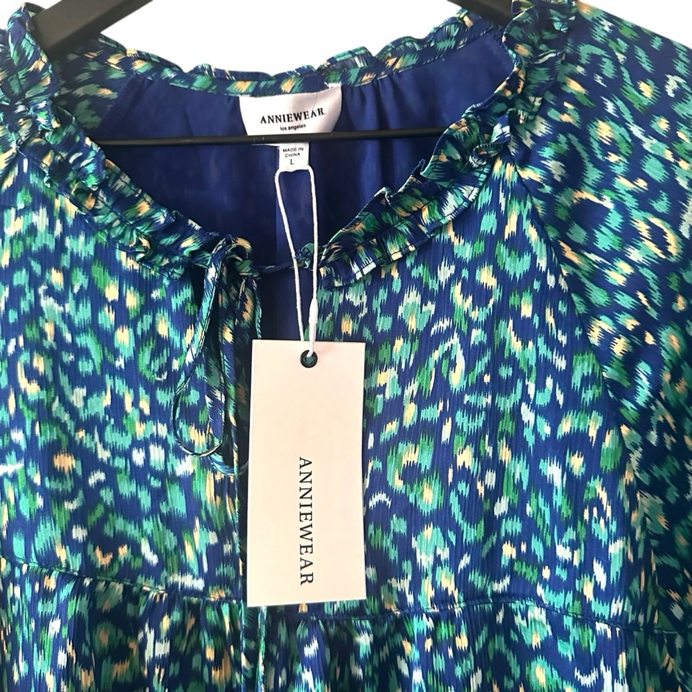 AnnieWear Los Angeles Boho Chiffon Blouse L Blue Green Ikat Ruffle Sleeve - Picture 4 of 10